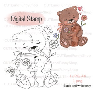 Sello digital para hacer tarjetas y scrapbooking. Sello digital con una linda mamá osito de peluche con su bebé. Feliz día de la madre. Feliz cumpleaños. Página para colorear