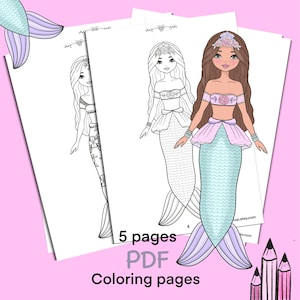 Mermaid coloring page, book. Outline. Digital download. PDF. Toy, game, drawing activity, play for children, adults. Cute coloring pages