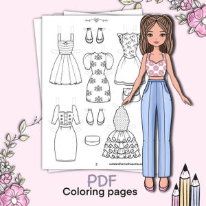 May include: A paper doll with a floral crop top and blue pants, alongside a sheet of black and white dresses and accessories for coloring. The words "PDF Coloring pages" are at the bottom.