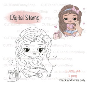 Sello digital para confección de tarjetas, scrapbooking. Chica de sello digital. Niña con cachorro y regalo. Amar. Feliz cumpleaños. Página para colorear