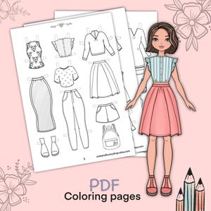 May include: Printable paper doll colouring pages featuring a girl with short brown hair wearing a striped shirt and a pink skirt. The doll has multiple outfits to colour and mix and match, including a white sweater, a polka dot shirt, a floral top, and a backpack.