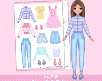 洋服付きで印刷できる紙人形。PDF。デジタルダウンロード。おしゃれな