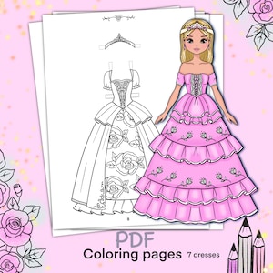 Paper doll printable with clothes. Coloring page, book. Outline. Digital download. Dress up, cutout. Princess. Activity, play for children.