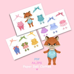 Paper doll printable with clothes. Digital download. Baby fox, animal. Cute baby doll DIY.  Dress up, cutout. Toy, game, play for children