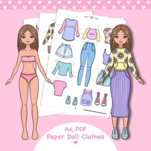 Muñeca de papel imprimible con ropa. PDF. Descarga digital. Chica de moda. Muñeca linda DIY. Vestir, recortar. Juguete, juego, juego para niños.