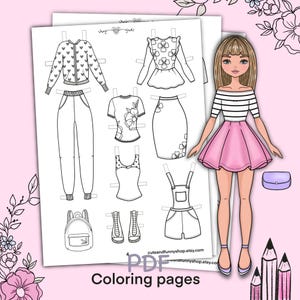 Poupée en papier à imprimer avec des vêtements. Coloriage, livre. Contour. Téléchargement numérique. Habillage, découpe. Jouet, jeu, activité, jeu pour enfants.