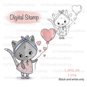 Tampon numérique pour la fabrication de cartes, le scrapbooking. Tampon numérique noir et blanc jolie fille chat avec coeur. Joyeux anniversaire, je t'aime. Coloriage