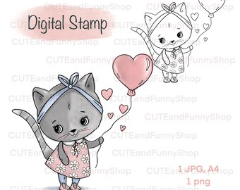 Digital stamp cute cat with balloon  for card making. Hand drawn line Art PNG. Whimsical printable Digi stamp Happy Birthday. Coloring page