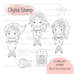 Sello digital para hacer tarjetas y scrapbooking. Sello digital linda sirena, niña. Conjunto. Feliz cumpleaños. Dibujos para colorear. Blanco y negro