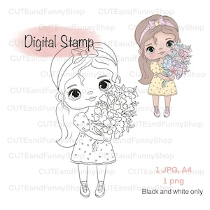 Sello digital para hacer tarjetas y scrapbooking. Sello digital con una linda niña con un ramo de flores. Feliz cumpleaños, amor, para ti. Página para colorear