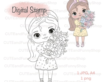 Digital stamp cute girl with flowers  for card making. Hand drawn line Art PNG. Whimsical printable Digi stamp Happy Birthday. Coloring page