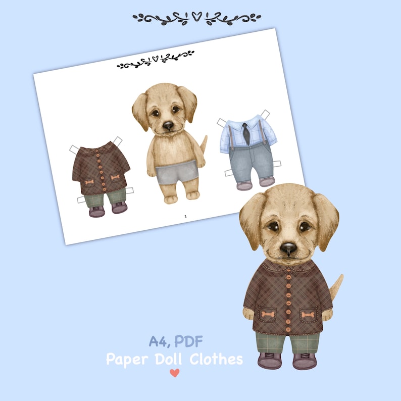 Dog Paper Doll Printable, Dress-up Clothes, DIY Craft (PDF). Dress Up