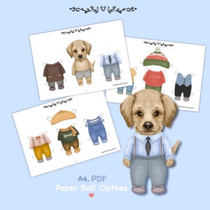 Paper doll printable with clothes. Digital download. Paper doll animal, dog.Dress up, cutout. Toy, game, play for children and adults. DIY