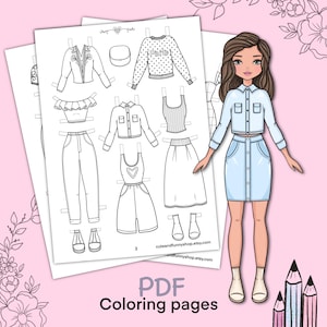 Paper doll printable with clothes. Coloring page, book. Outline. Digital download. Dress up, cutout. Toy, game, activity, play for children.