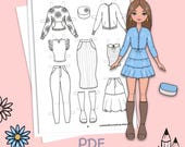 Paper doll printable with clothes. Coloring page, book. Outline. Digital download. Dress up, cutout. Toy, game, activity, play for children.