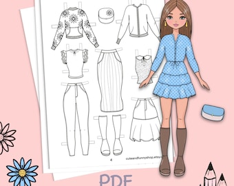 Paper doll printable with clothes. Coloring page, book. Outline. Digital download. Dress up, cutout. Toy, game, activity, play for children.
