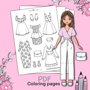 Paper doll printable with clothes. Coloring page, book. Outline. Digital download. Dress up, cutout. Toy, game, activity, play for children.