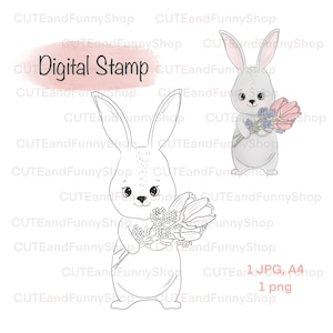 Digital stamp for card making, scrapbooking. Digital stamp cute bunny, rabbit with flowers bouquet. Happy Birthday, love you. Coloring page