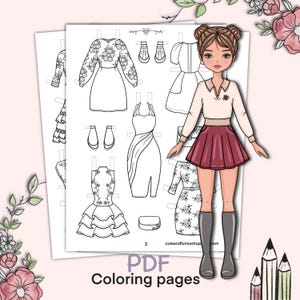 Peut inclure: Une poupée en papier avec une jupe bordeaux, des bottes grises et une chemise blanche à manches longues avec un détail de rose. L'image comprend plusieurs dessins au trait en noir et blanc de robes et d'accessoires pour la poupée. Les mots "PDF Coloring pages" sont en bas.