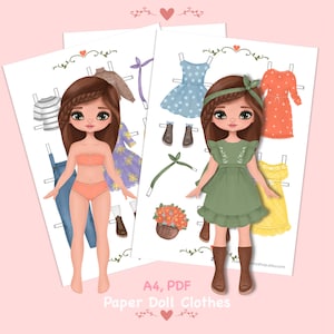 Boneca de papel para imprimir com roupas. PDF. Download digital. Garota fashion. Boneca fofa DIY. Vestir, recortar. Brinquedo, jogo, brincar crianças, adultos.