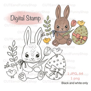 Sello digital para hacer tarjetas, scrapbooking. Sello digital Pascua, primavera. Lindo conejito con tulipán, pollitos, huevo de Pascua. Página para colorear