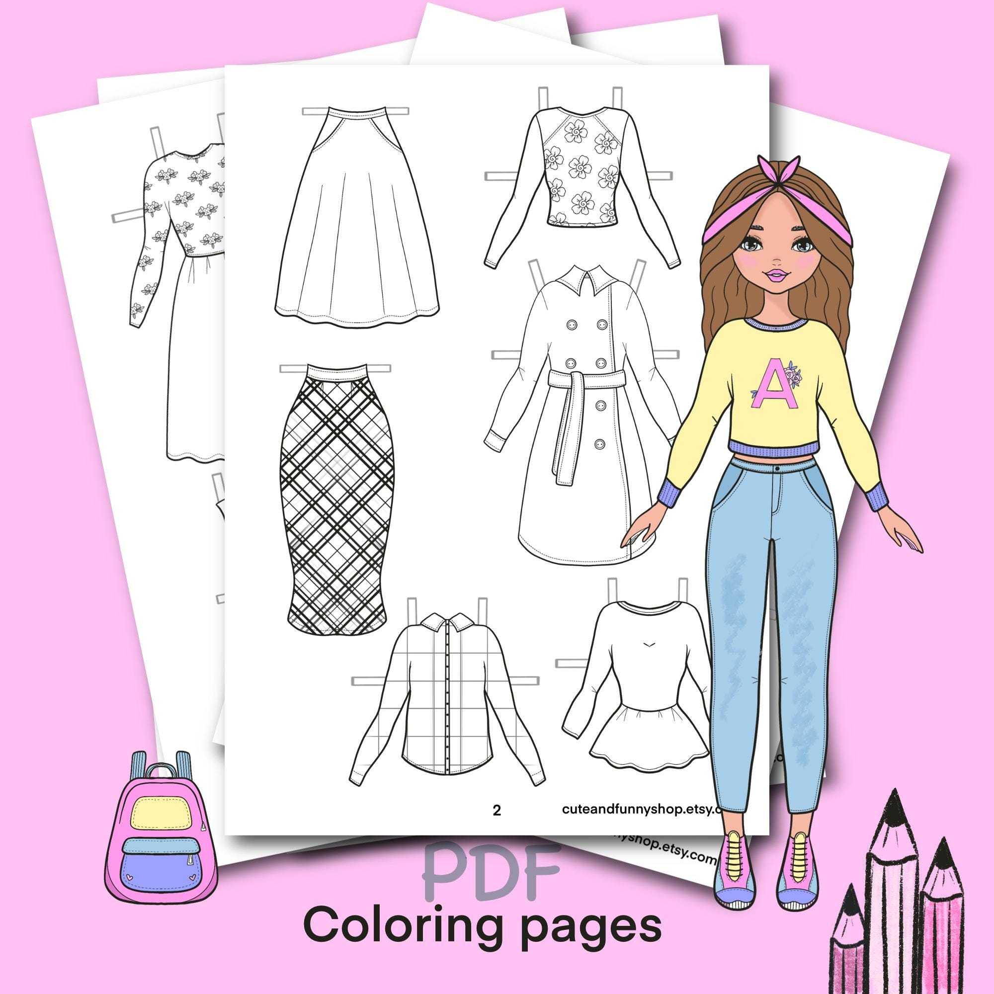 Paper doll printable with clothes. Coloring page, book. Outline. Digital download. Dress up, cutout. Toy, game, activity, play for children.