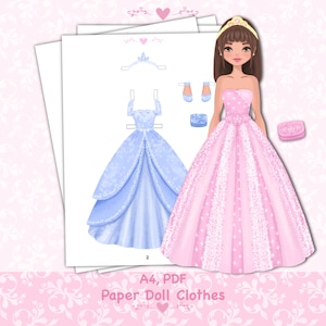 Papierpuppe mit Kleidung bedruckbar. PDF-Datei. Digitaler Download. Prinzessin Puppe. Süsses Püppchen DIY.  Dress up, Ausschnitt. Spielzeug, Spiel, spielen für Kinder.