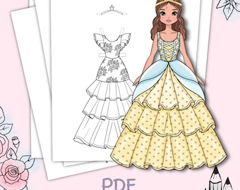 Paper doll printable with clothes. Coloring page, book. Outline. Digital download. Dress up, cutout. Princess. Activity, play for children.