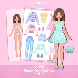 Puede incluir: Una muñeca de papel digital con una variedad de atuendos, que incluyen una chaqueta azul, un top rosa, jeans y un vestido azul claro. La imagen también incluye una muñeca de papel y un bolso. El texto de la imagen dice "A4, PDF Paper Doll Clothes".
