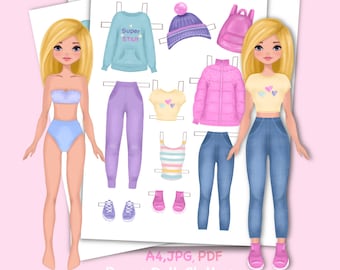 Paper doll blonde hair printable with clothes. PDF. Digital download. Fashion girl. Cute doll DIY.   Dress up, cutout. Toy, game