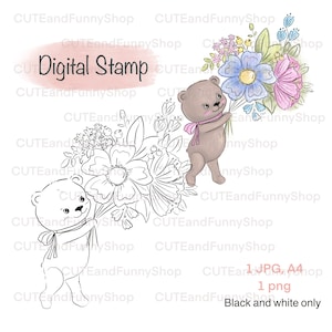 Sello digital para confección de tarjetas, scrapbooking. Sello digital lindo osito de peluche con flores. Feliz dia de LA MADRE. Feliz cumpleaños. Página para colorear