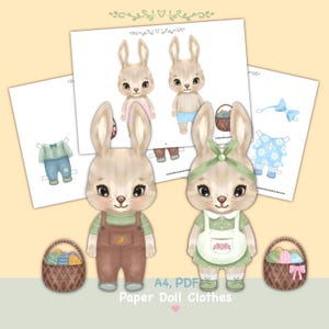 Papierpuppe mit Kleidung bedruckbar. Digitaler Download. Papierpuppe Tier Osterhase. Dress up, Ausschnitt. Spielzeug, Spiel, spielen für Kinder, Erwachsene.