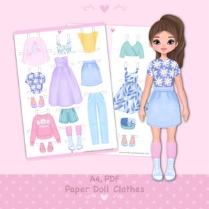 Boneca de papel para imprimir com roupas. PDF. Download digital. Garota fashion. Boneca fofa DIY. Vestir, recortar. Brinquedo, jogo, brincadeira para crianças.
