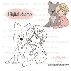 Sello digital para hacer tarjetas y scrapbooking. Sello digital: linda niña con perro. Bebé con cachorro. Feliz cumpleaños, amor. Página para colorear.
