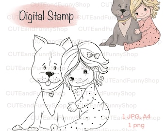 Digital stamp for card making, scrapbooking. Digital stamp cute girl with dog. Baby with puppy. Happy Birthday, love. Coloring page.