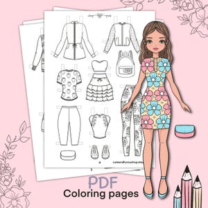 服を着せた状態で印刷できる紙人形。ぬり絵、塗り絵、アウトライン、デジタルダウンロード。着せ替え、切り抜き。子供向けのおもちゃ、ゲーム、アクティビティ、遊び。