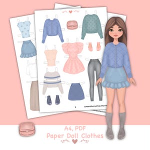 Boneca de papel para imprimir com roupas. PDF. Download digital. Menina fashion. Boneca fofa DIY. Vestir, recortar. Brinquedo, jogo, brincadeira para crianças.