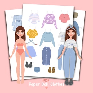 Boneca de papel para imprimir com roupas. Download digital. Garota fashion. Boneca fashion fofa faça você mesmo. Vestir, recortar. Brinquedo, jogo, brincadeira para crianças.