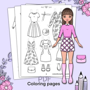 Paper doll printable with clothes. Coloring page, book. Outline. Digital download. Dress up, cutout. Toy, game, activity, play for children.