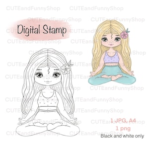 カード作成、スクラップブッキング用のデジタルスタンプ。デジスタンプ png。蓮のポーズで座っているかわいい女の子。ヨガ。リラックス。スポーツ。ぬり絵。