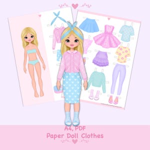 Boneca de papel para imprimir com roupas. PDF. Download digital. Garota fashion. Boneca fofa DIY. Vestir, recortar. Brinquedo, jogo, brincadeira para crianças.