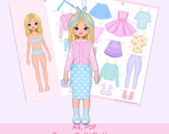 Printable Paper Doll with Clothes, Fashion Girl DIY (PDF). Dress up, cutout.