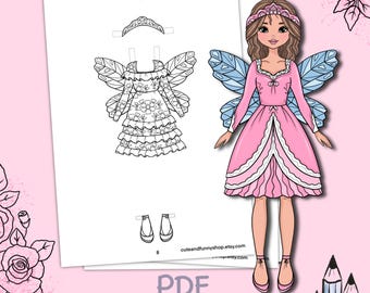 Paper doll printable with clothes. Coloring page, book. Outline. Digital download. Dress up, cutout. Fairy. Activity, play for children.