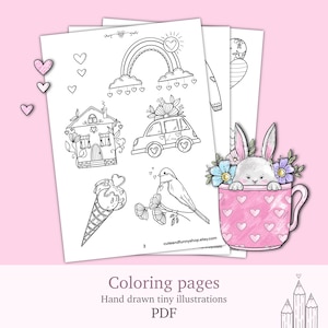 Puede incluir: Una pila de páginas para colorear con ilustraciones dibujadas a mano. Las páginas presentan un arcoíris, una casa, un coche, un helado, un pájaro y un conejito en una taza. La taza es rosa con diseños de corazones. El texto "Coloring pages" y "PDF" son visibles.