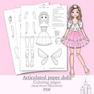 Könnte beinhalten: Ein ausdruckbares Papierpuppen-Bastelset mit einer Feenpuppe mit braunem Haar, einer goldenen Krone und einem rosa Lagenrock. Das Set enthält schwarz-weiße Malvorlagen mit Anleitungen sowie Arm-, Bein- und Flügelteile zum Ausschneiden und Zusammenbauen.