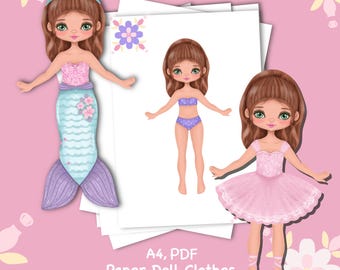 Papieren pop waarop kleding kan worden bedrukt. pdf. Digitale download. Prinsessenpop. Leuke doe-het-zelfpop. Verkleed, uitsnede. Speelgoed, spel, spel voor kinderen.