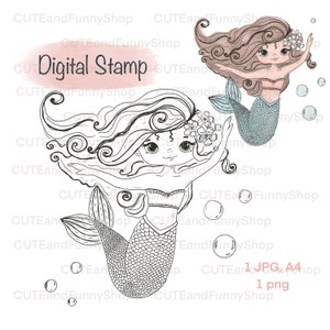 Sello digital para crear tarjetas y scrapbooking. Sello digital: adorable sirena, niña y flores. Feliz cumpleaños, San Valentín, te quiero. Página para colorear.