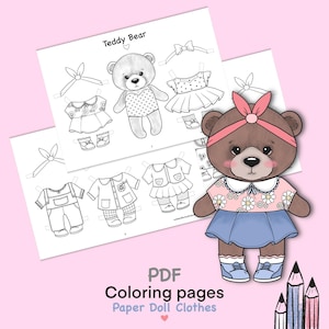 Paper doll printable with clothes. Coloring page, book. Outline. Digital download. Dress up, cutout. Toy, game,activity, play for children.