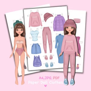 Boneca de papel para imprimir com roupas. Download digital. Garota fashion. Boneca fofa DIY. Vestir, recortar. Brinquedo, jogo, brincadeira para crianças.