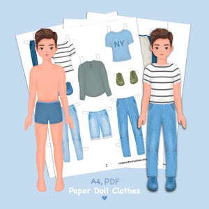 Bambola di carta stampabile con vestiti. PDF. Download digitale. Ragazzo alla moda. Bambola carina fai da te. Vestire, ritagliare. Giocattolo, gioco, gioco per bambini, ragazzi.